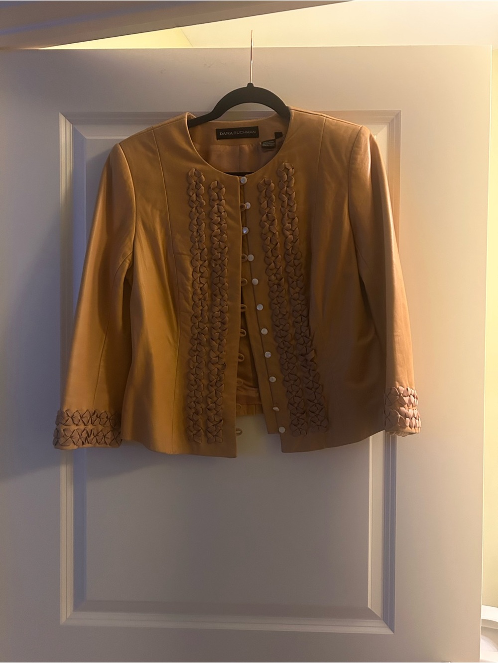 Dana Buchman Tan Leather Button-Front Jacket/Braided Trim -soft lamb leather.